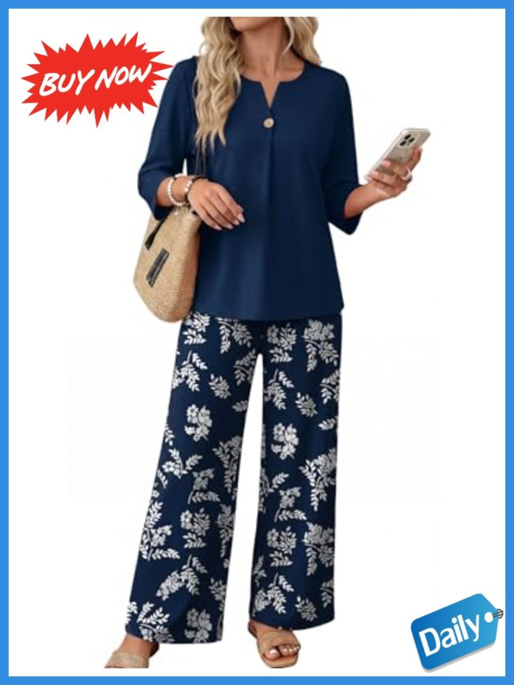 Women's Two Piece Lounge Set 3/4 Sleeve V-Neck Wide Leg Pants Tracksuit